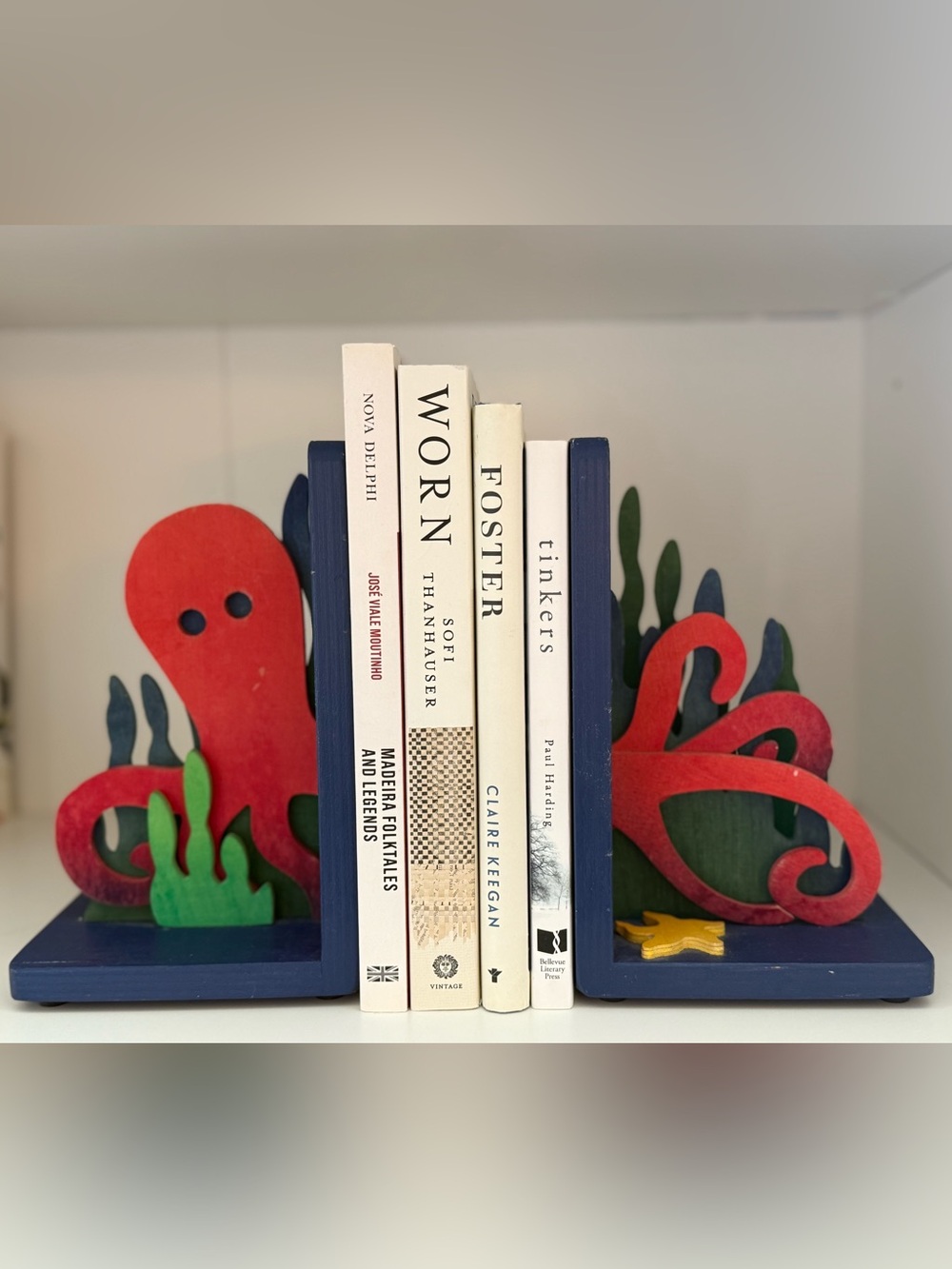 Hand Crafted Red and Blue Octopus Wooden Bookends